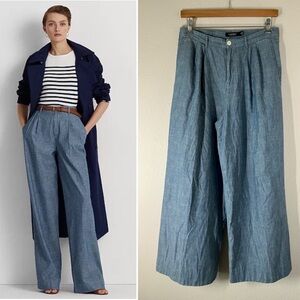 LAUREN RL Women Wide Leg Chambray Trouser Pants Pleated Preppy Heritage Size 10